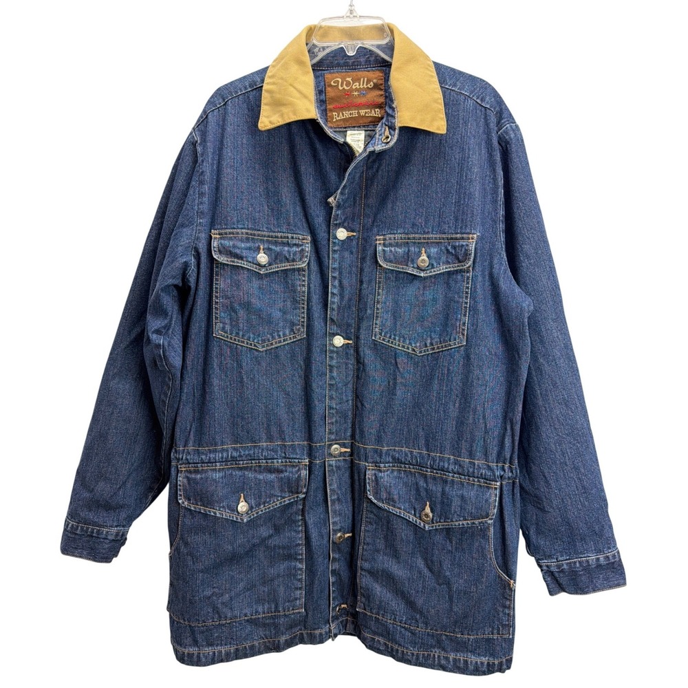Walls Denim Jean Zip Front Chore Jacket Mens Med Tall Pockets Rancher Rugged